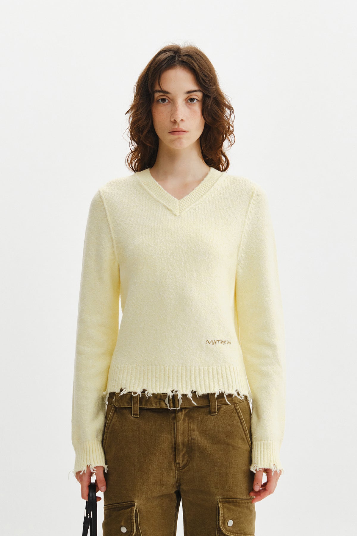 Matin Kim - Distressed Hem V Neck Knit Pullover (Light Yellow) product image 11 | TRAB K-Fashion Australia