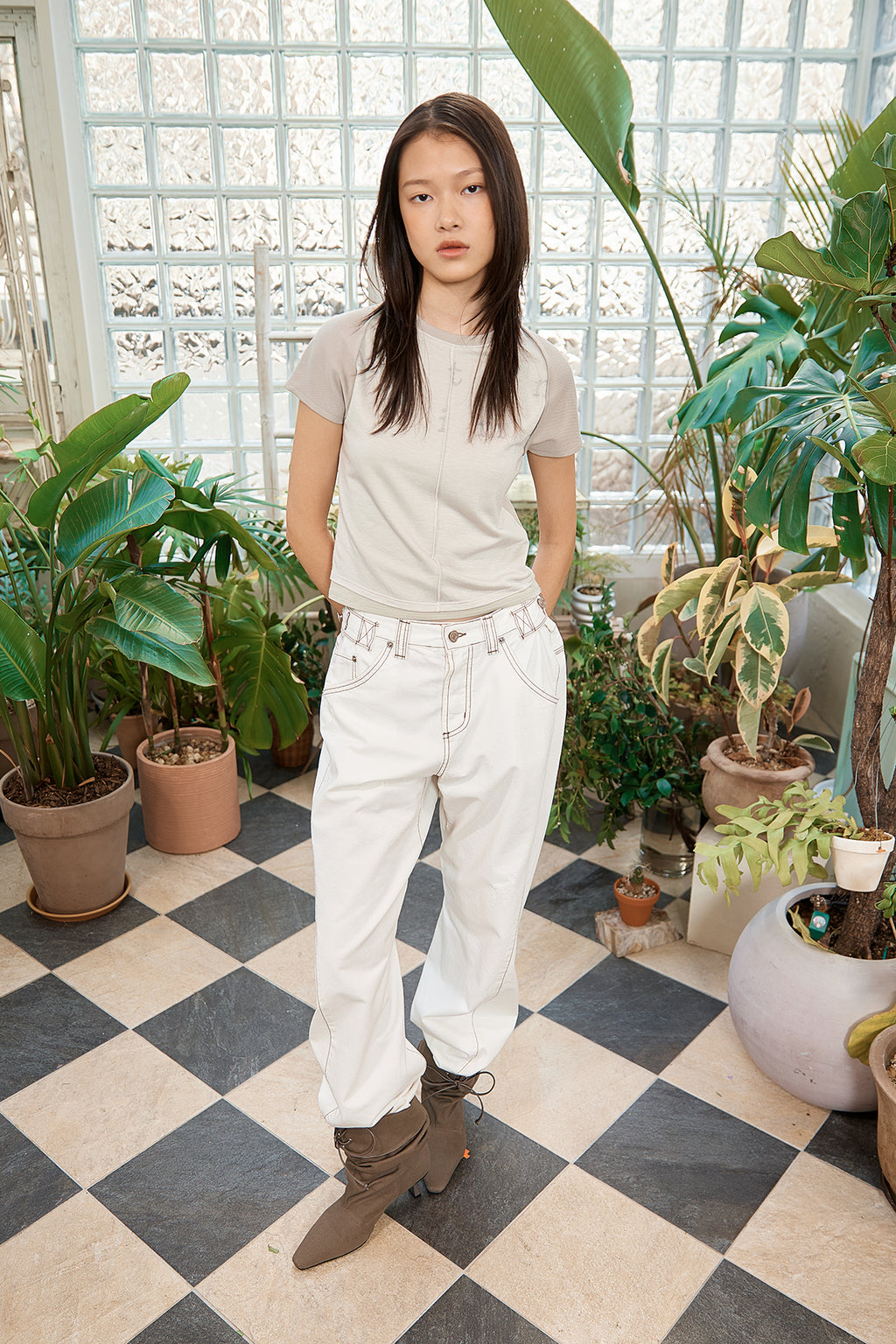 Matin Kim - Waist Buckle Curved Twill Denim Pants (White) product image 12 | TRAB K-Fashion Australia
