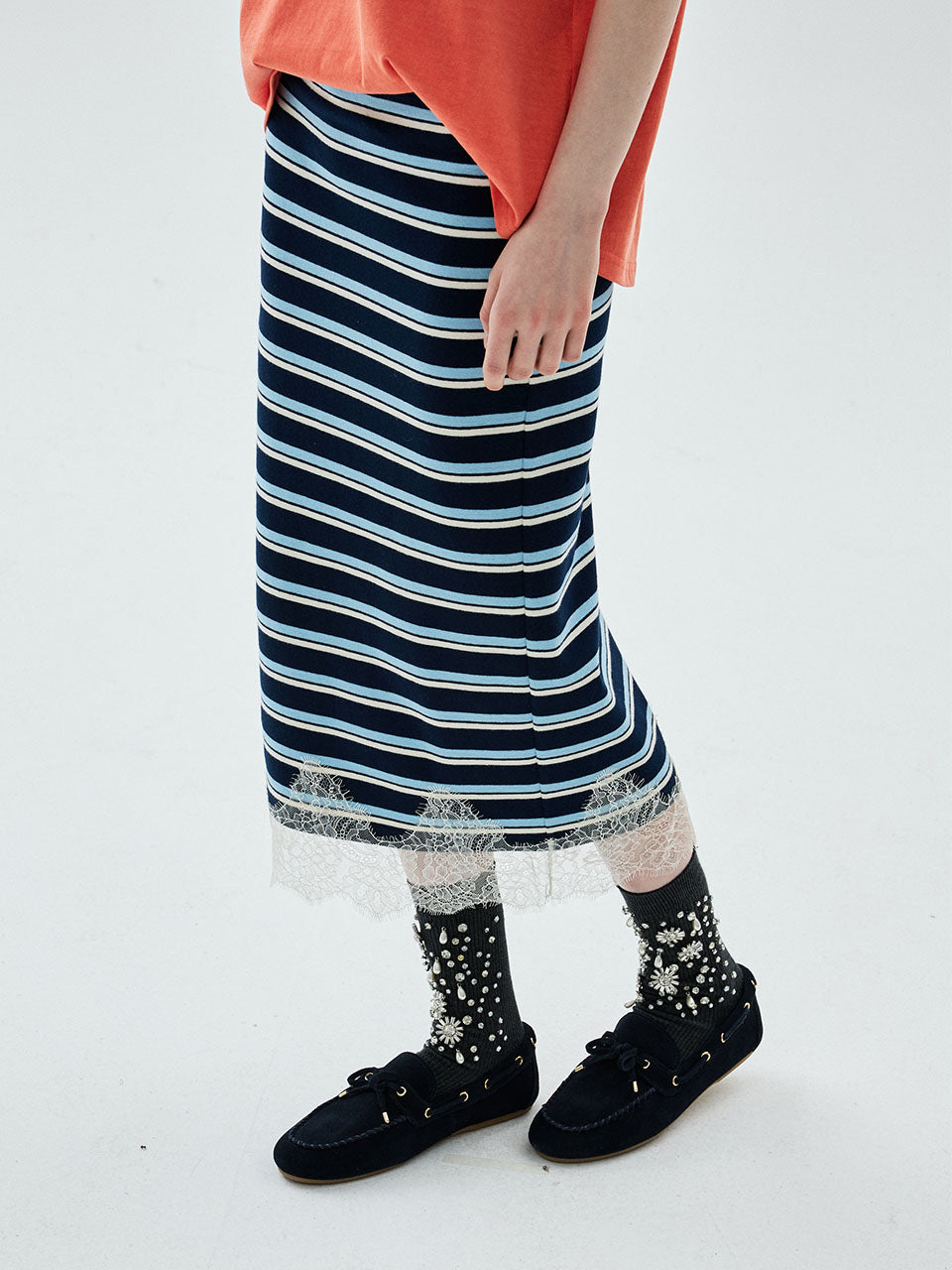 Mardi Mercredi - Lace Hem Maxi Skirt Stripe (Blue) product image 1 | TRAB K-Fashion Australia