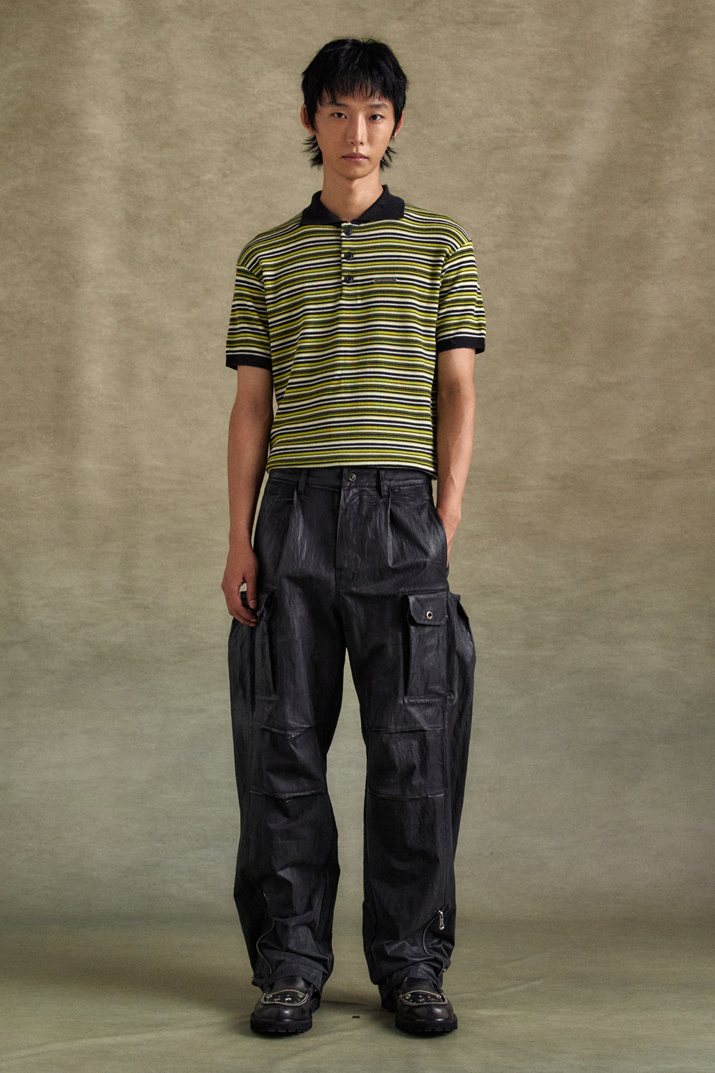 Andersson Bell - Stripe Polo Sweater (Charcoal/Lime) product image 2 | TRAB K-Fashion Australia