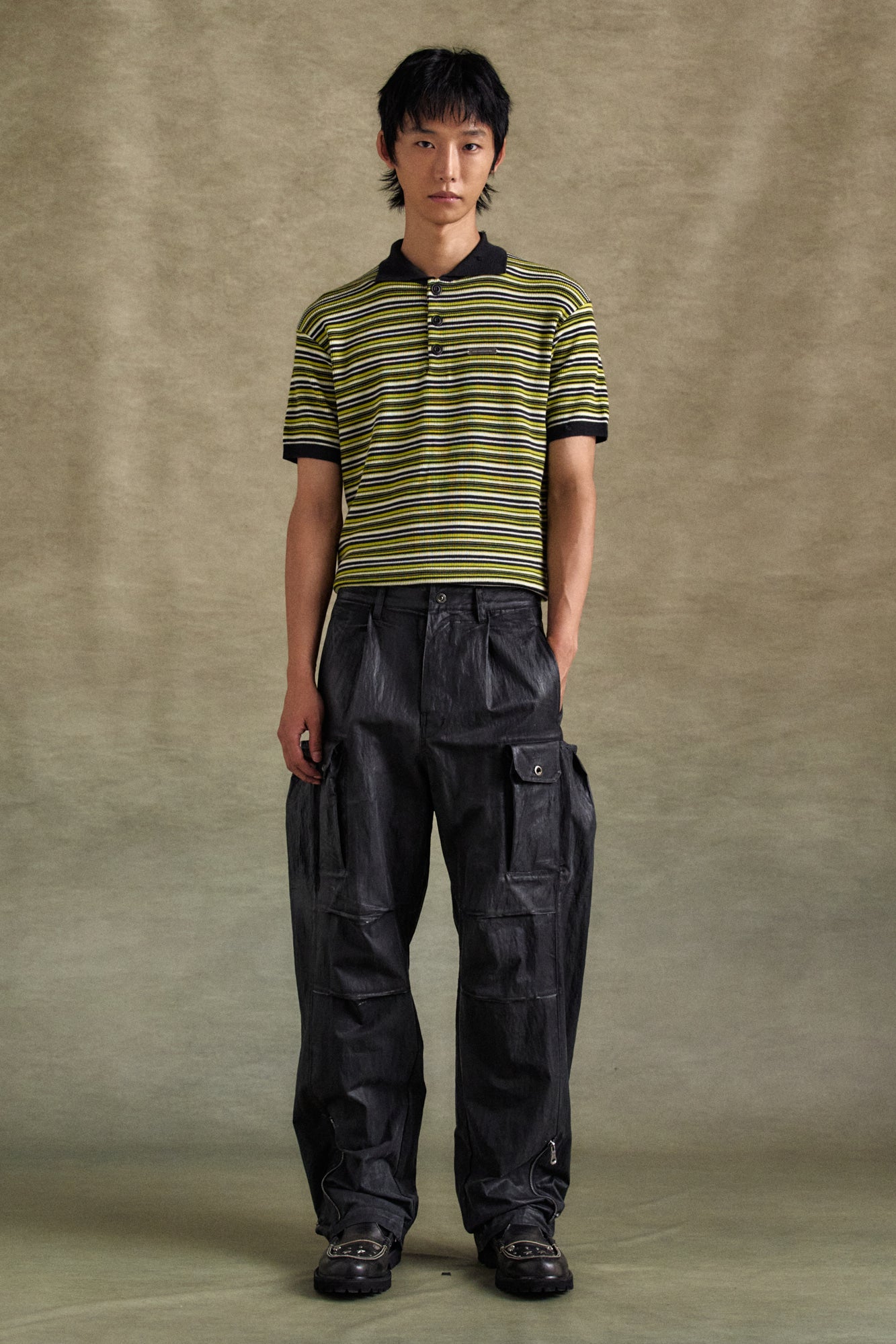 Andersson Bell - Stripe Polo Sweater (Charcoal/Lime) product image 2 | TRAB K-Fashion Australia