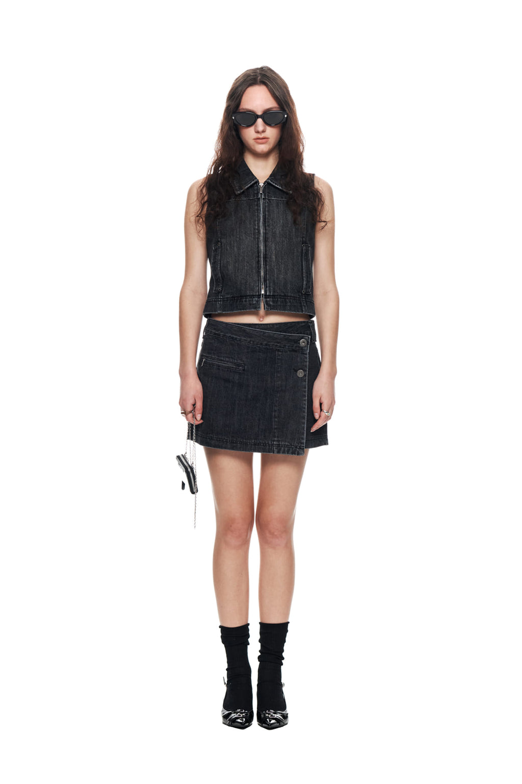Matin Kim - Pleats Wrap Denim Mini Skirt (Black) product image 5 | TRAB K-Fashion Australia