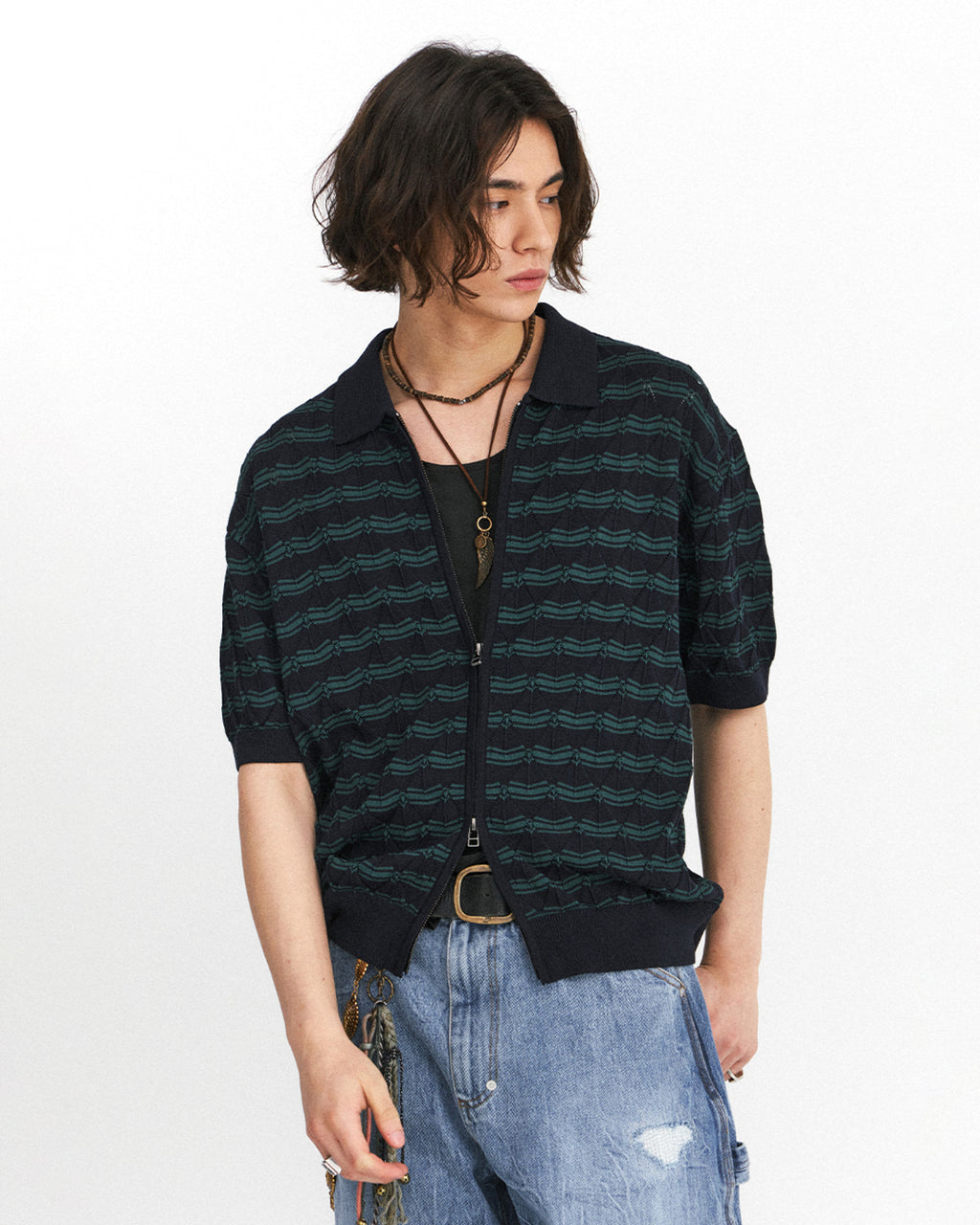Eastlogue - Weavy Zip Up Half Cardigan (D.navy & Green) product image 3 | TRAB K-Fashion Australia