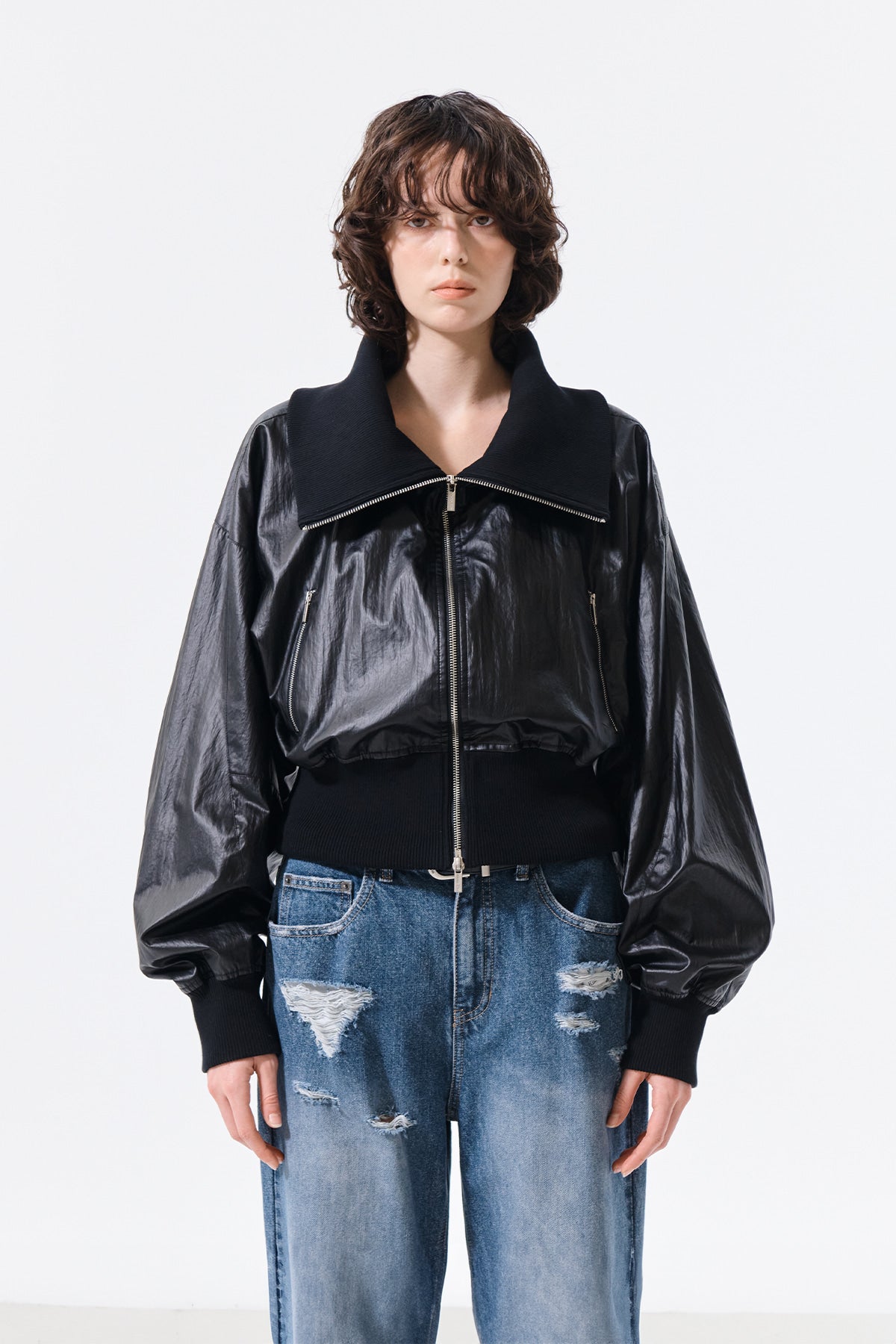 Matin Kim - Shine Crinkle Zip Blouson (Black) product image 10 | TRAB K-Fashion Australia