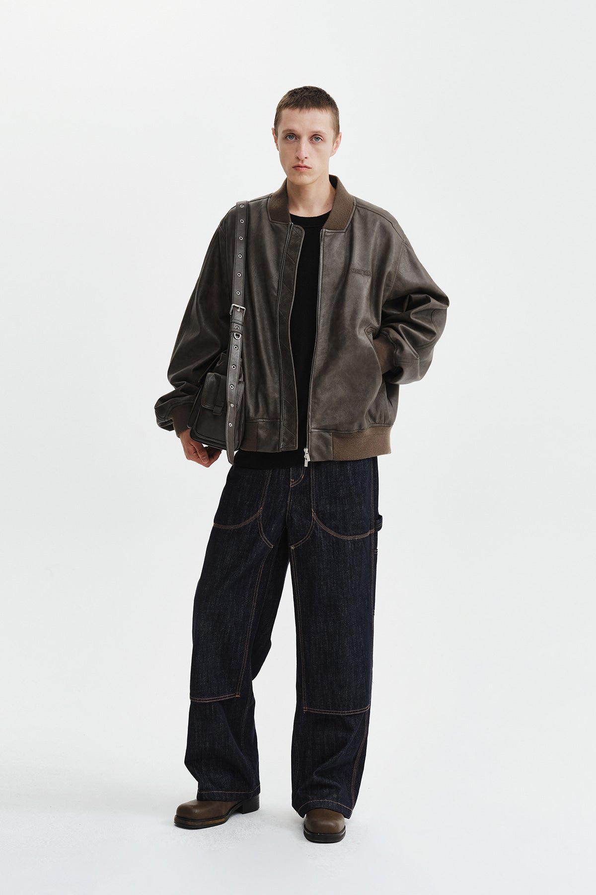 Matin Kim - Faux Leather Rib Collar Blouson (Brown) product image 10 | TRAB K-Fashion Australia