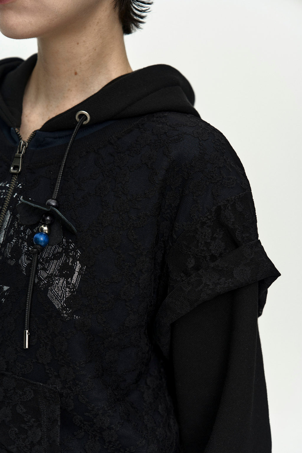 Andersson Bell - Lace Layered Hood Zip Up (Navy / Black) product image 6 | TRAB K-Fashion Australia