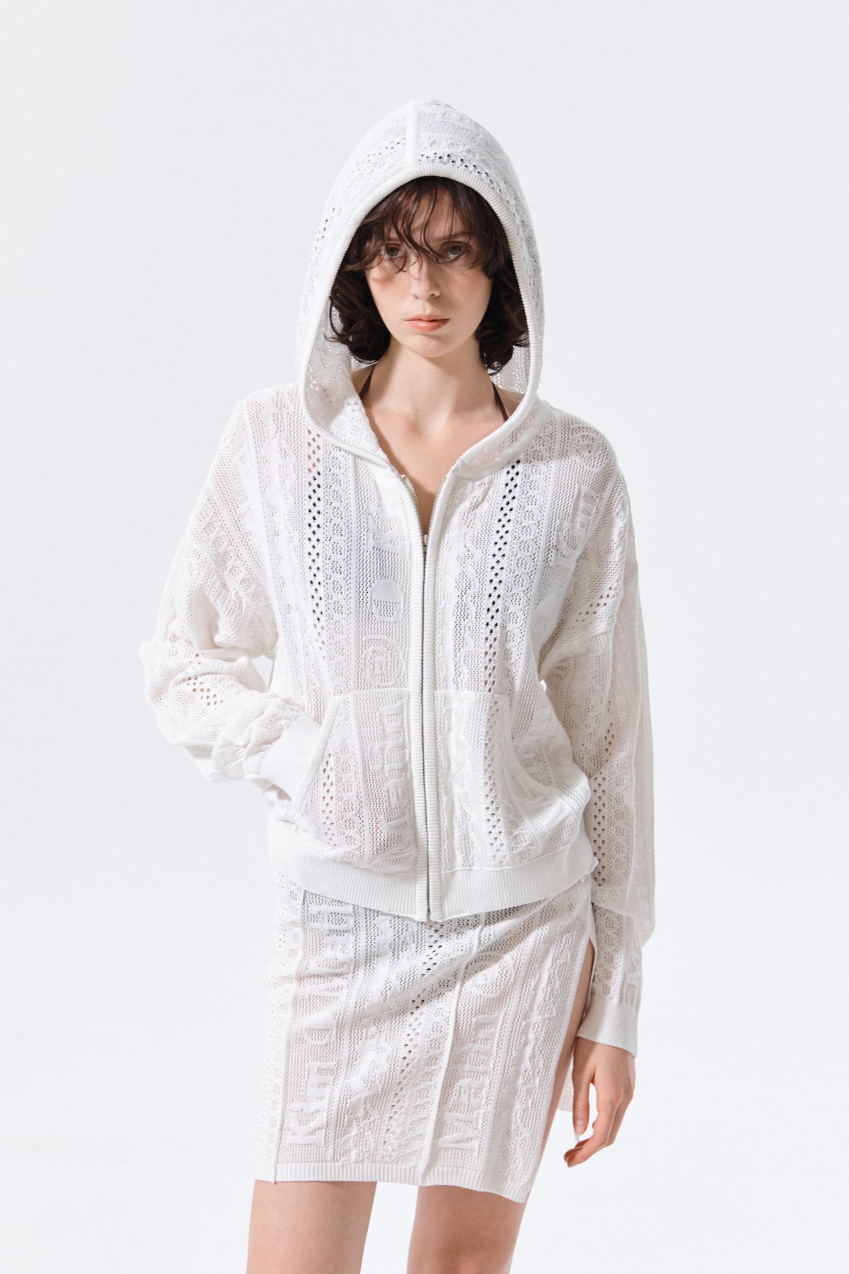Matin Kim - Mesh Logo Knit Hoody Zip Up (White) product image 12 | TRAB K-Fashion Australia