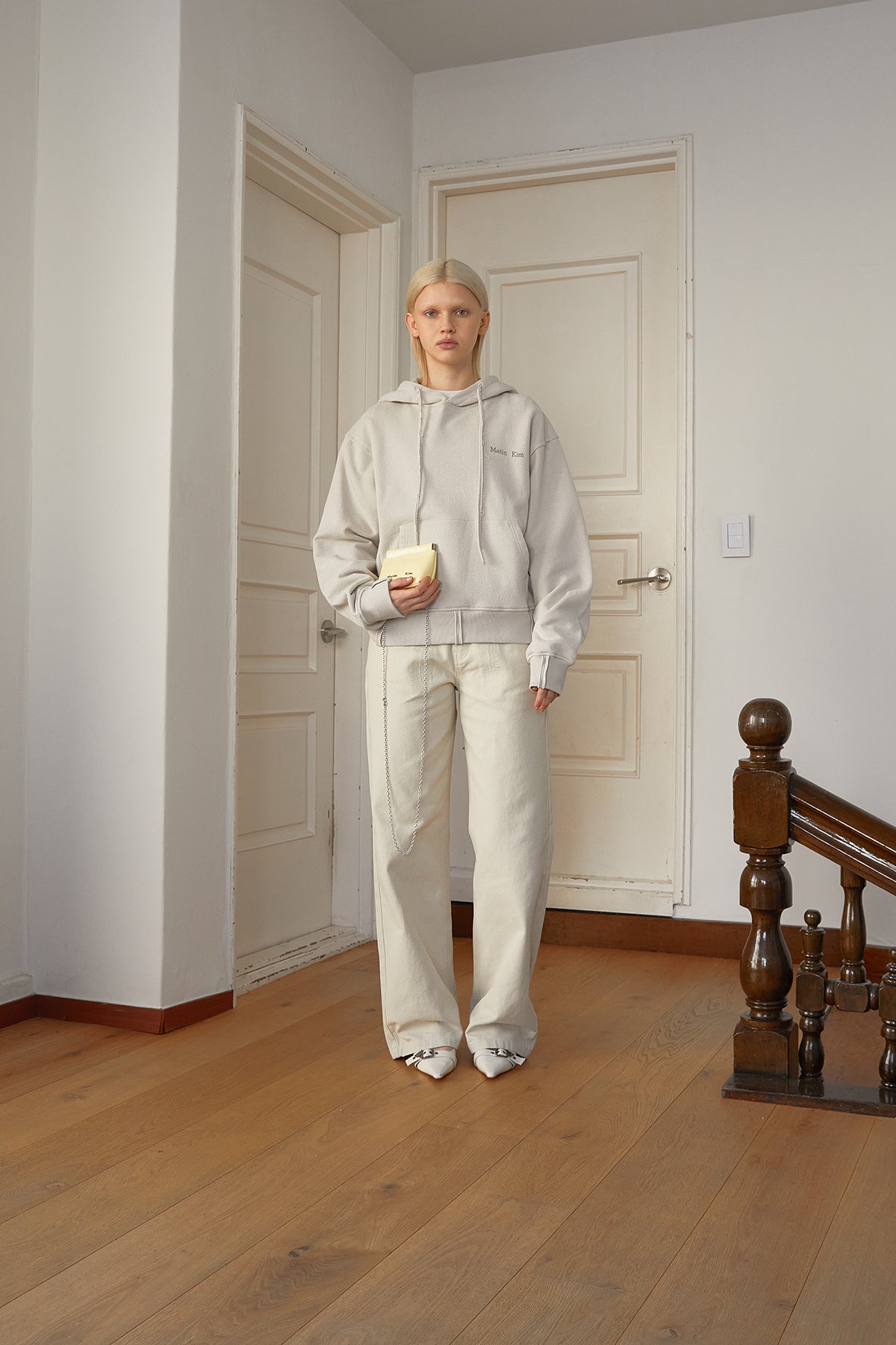 Matin Kim - Rib Cut Detail Logo Hoody (Beige) product image 12 | TRAB K-Fashion Australia