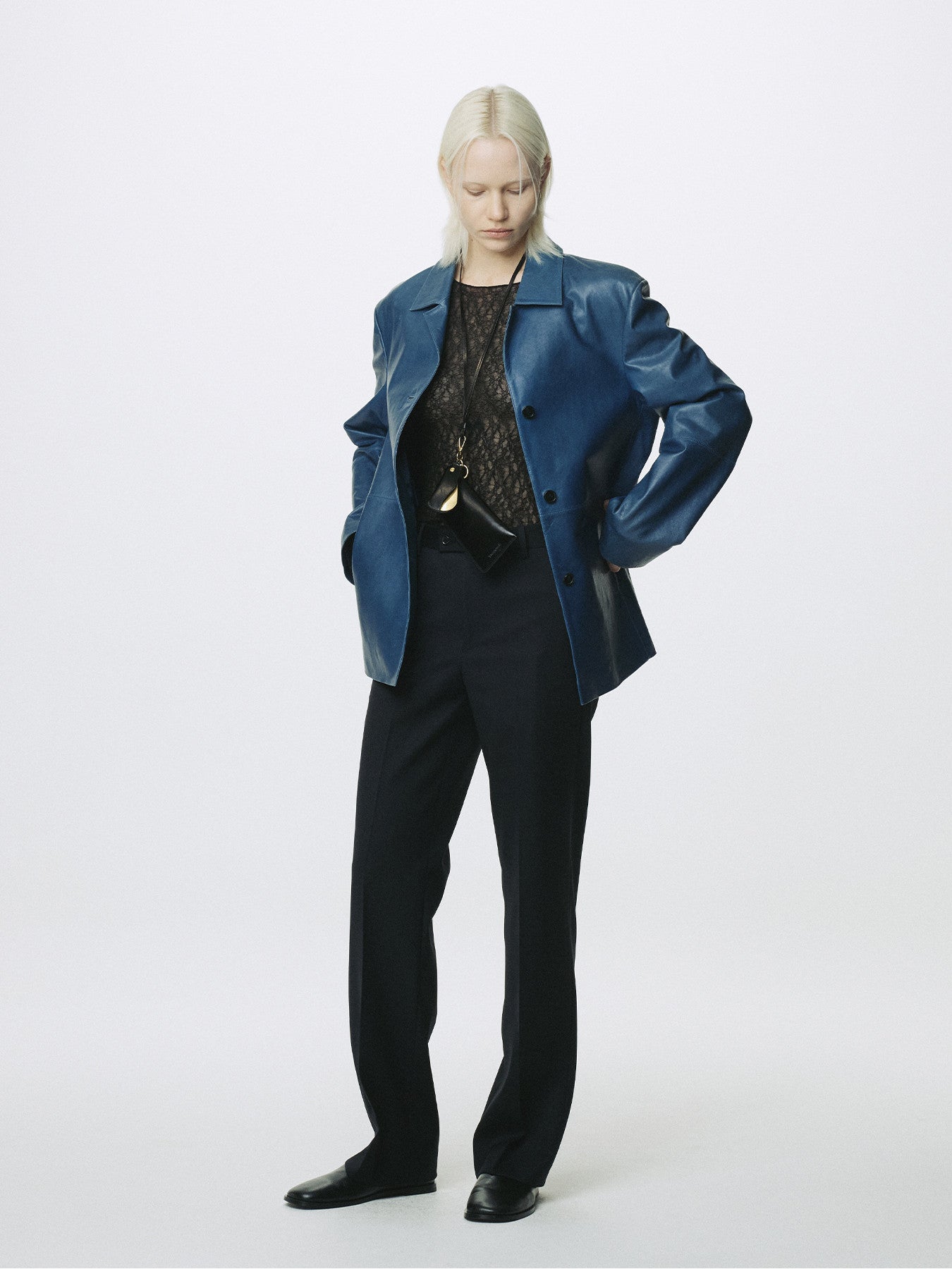 Tonywack - Vegetable Tanned Lamb Leather Open Collar Jacket (Mid Blue) product image 4 | TRAB K-Fashion Australia