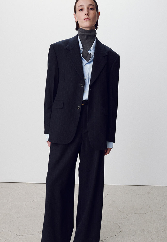 Tonywack - Virgin Wool Double-Pleats Wide Trousers (Navy Pinstripe) product image 4 | TRAB K-Fashion Australia