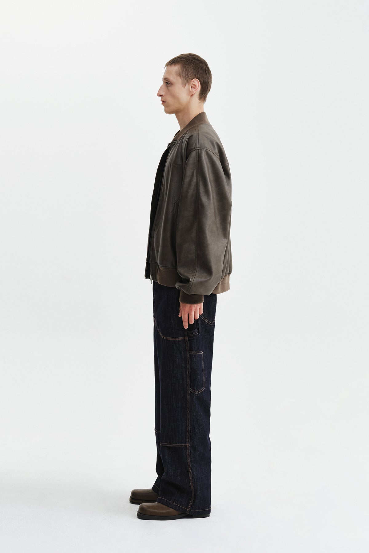 Matin Kim - Faux Leather Rib Collar Blouson (Brown) product image 7 | TRAB K-Fashion Australia