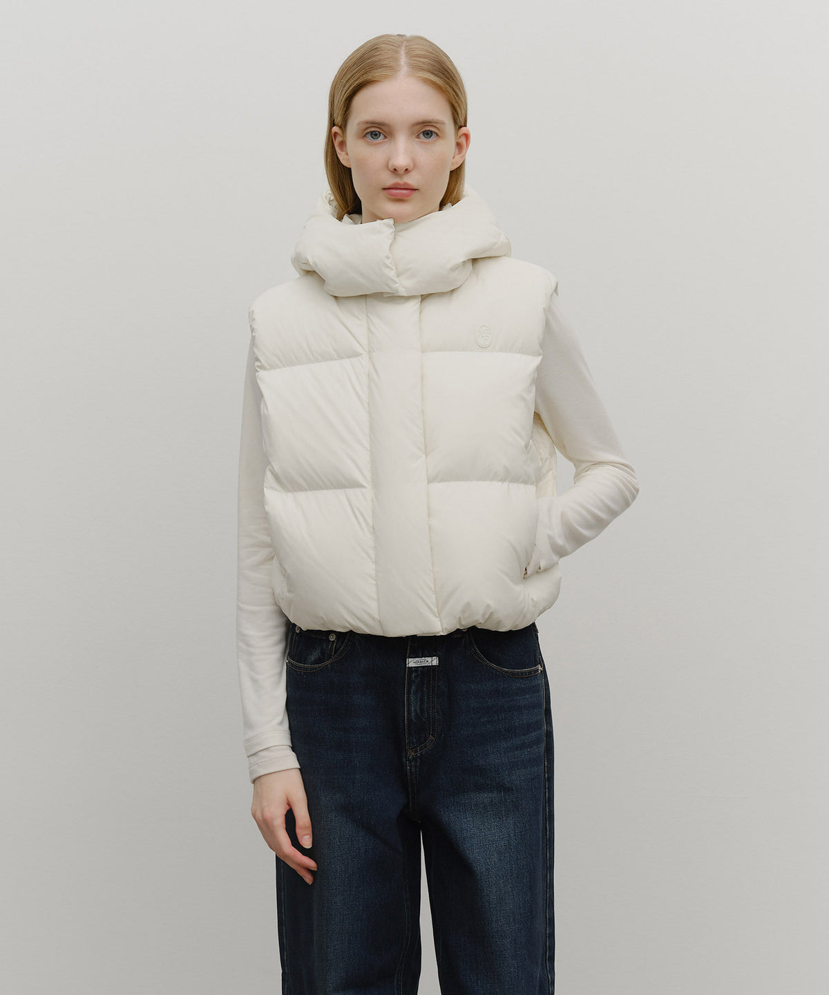 Marithe & Francois Girbaud - Circle Logo Crop Hooded Down Vest (Ivory) product image 1 | TRAB K-Fashion Australia