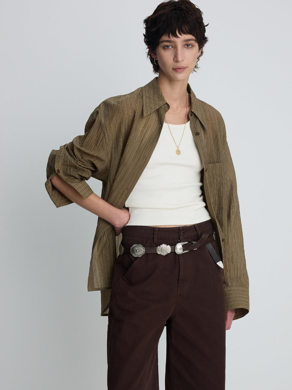 Tonywack - Lyocell Oversized Stripe Shirt (Olive Stripe) product image 2 | TRAB K-Fashion Australia