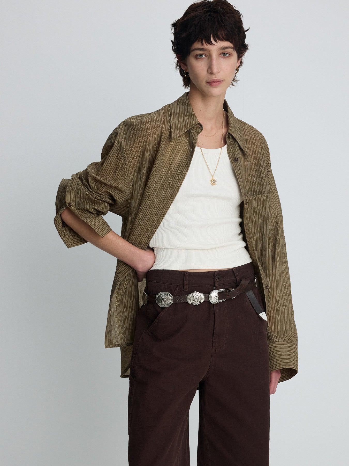 Tonywack - Lyocell Oversized Stripe Shirt (Olive Stripe) product image 2 | TRAB K-Fashion Australia