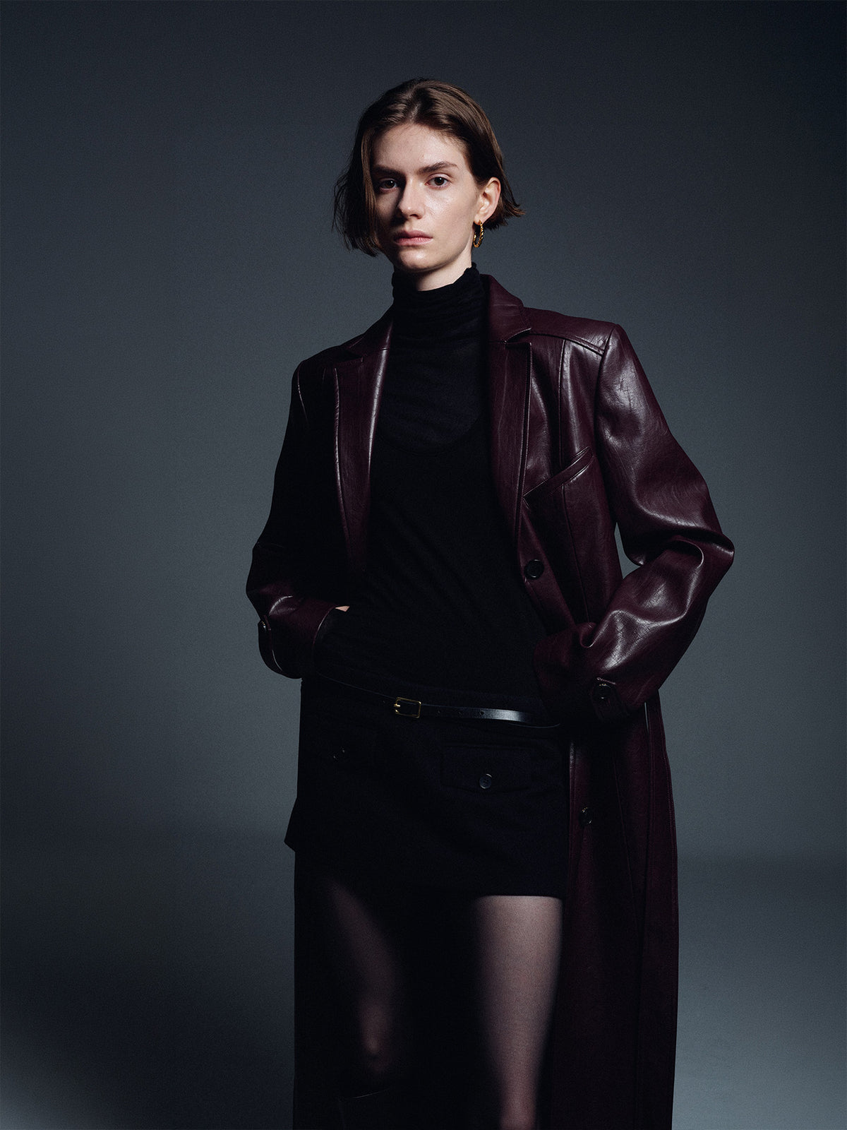 Tonywack - Faux Leather Single-Breasted Long Coat (Dark Burgundy) product image 1 | TRAB K-Fashion Australia
