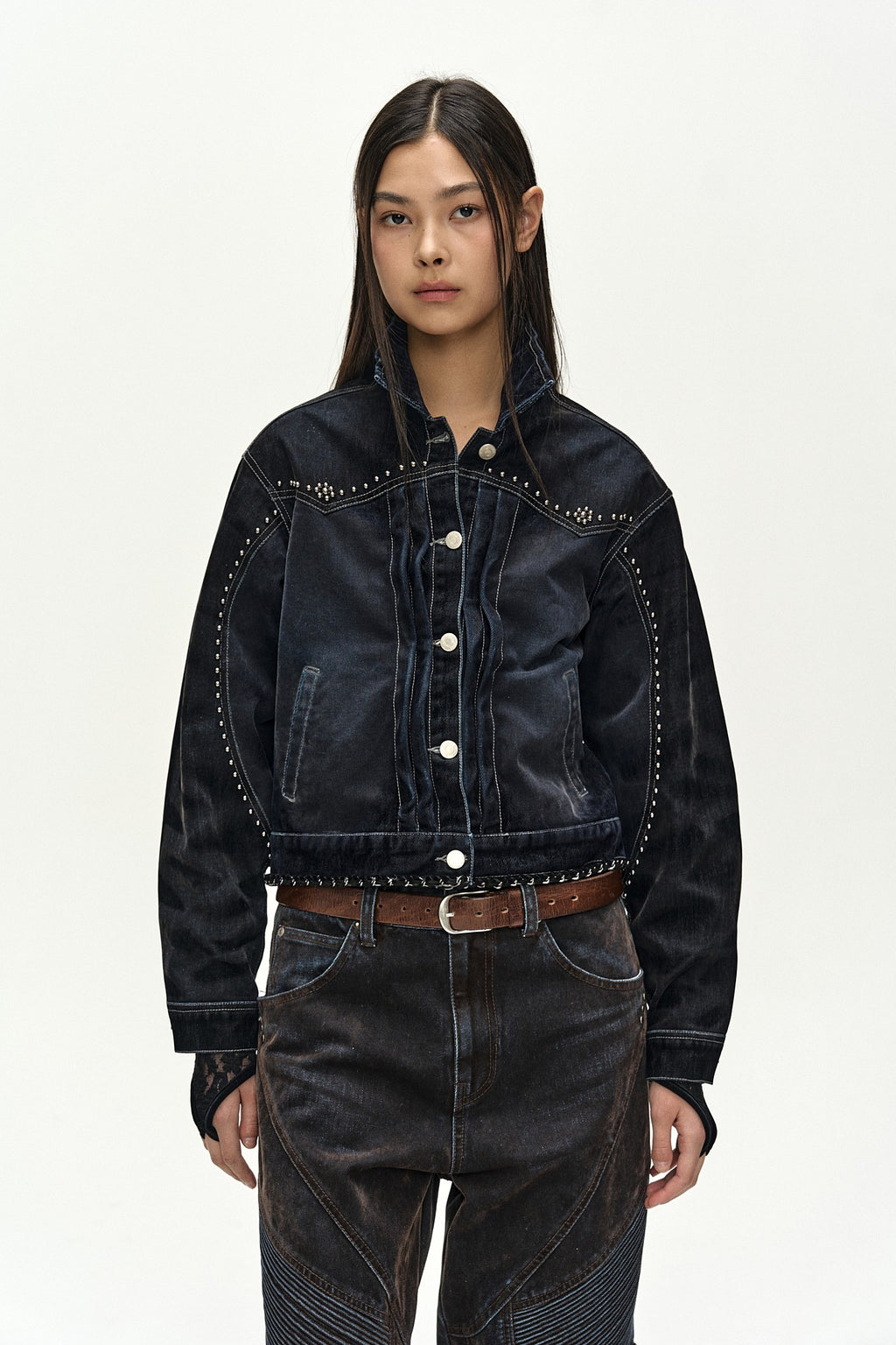 Andersson Bell - [Pre-Order – Ships August 28] Studded Velvet Denim Jacket (black/navy) (Black/Navy) product image 1 | TRAB K-Fashion Australia