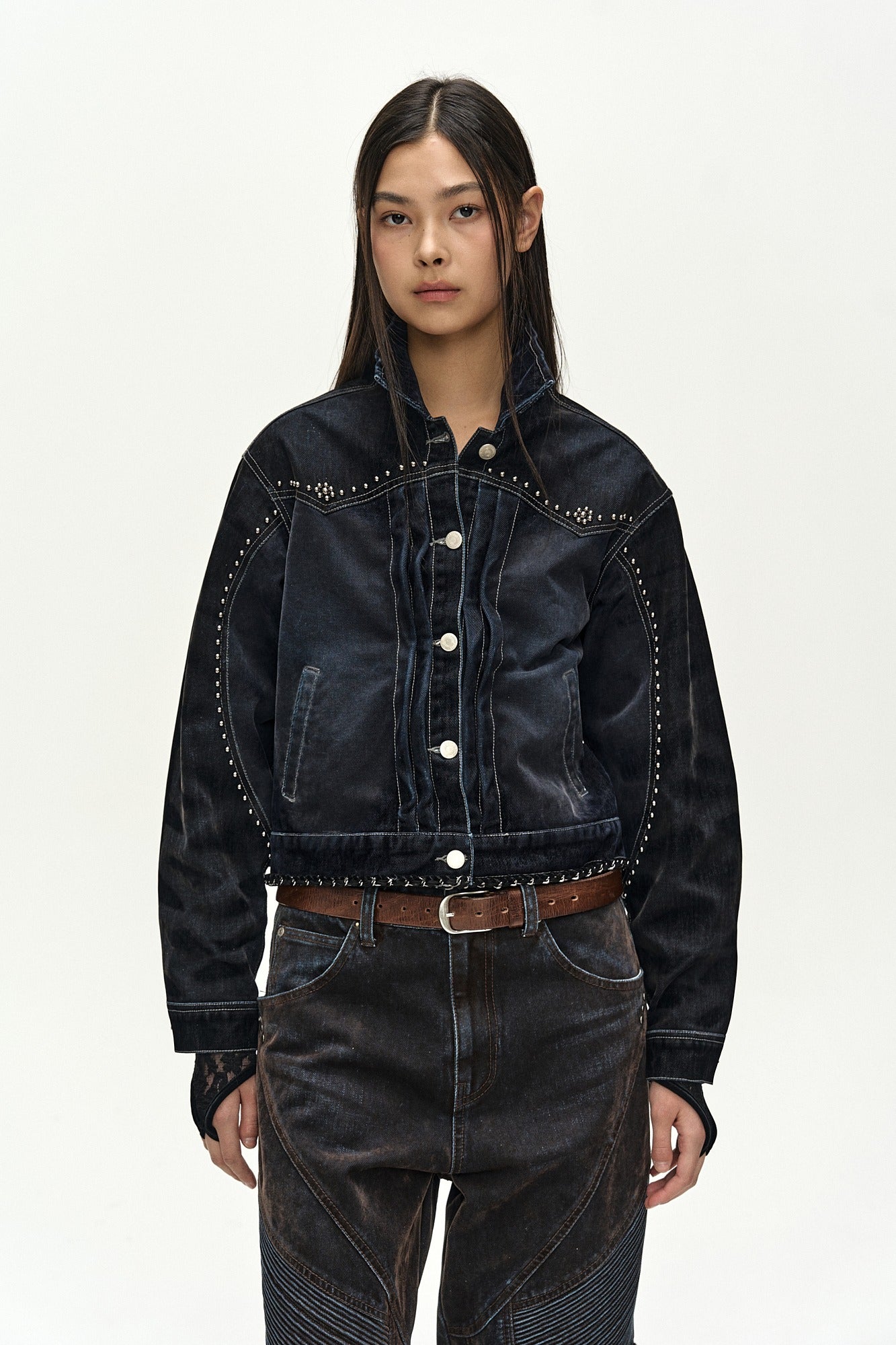 Andersson Bell - [Pre-Order – Ships August 28] Studded Velvet Denim Jacket (black/navy) (Black/Navy) product image 1 | TRAB K-Fashion Australia