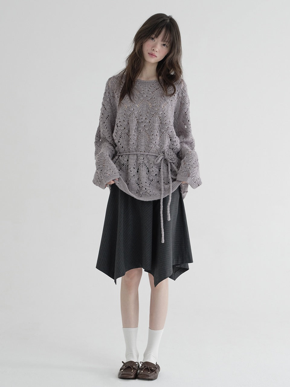 Margarin Fingers - Unbalanced Pin-Stripe Skirt (Charcoal) product image 1 | TRAB K-Fashion Australia