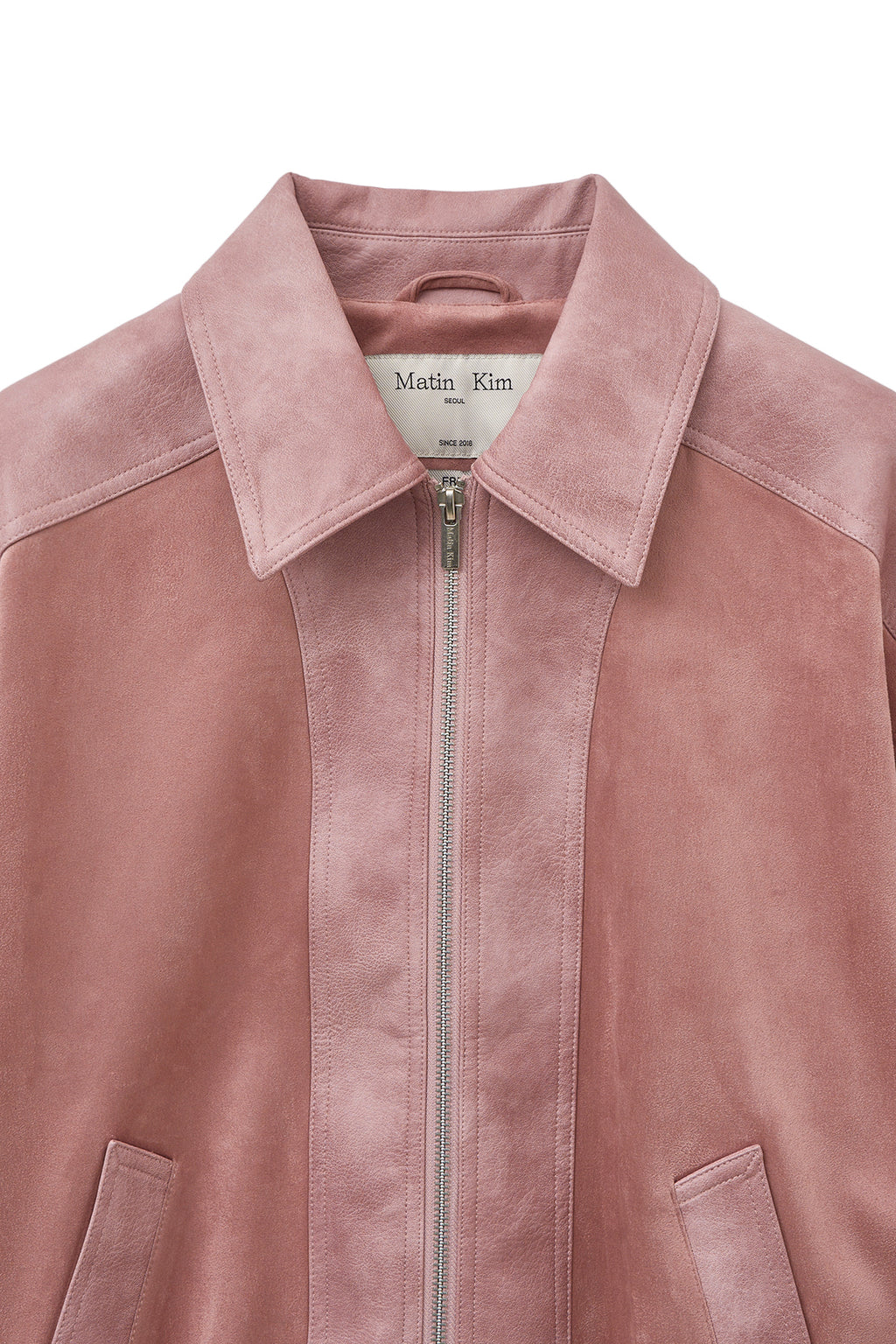 Matin Kim - Suede Mix Leather Zip Up Jumper (Pink) product image 3 | TRAB K-Fashion Australia