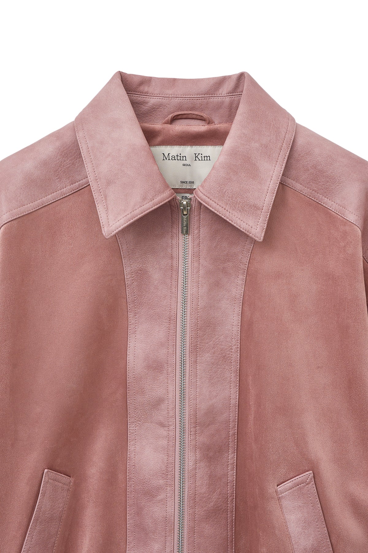 Matin Kim - Suede Mix Leather Zip Up Jumper (Pink) product image 3 | TRAB K-Fashion Australia