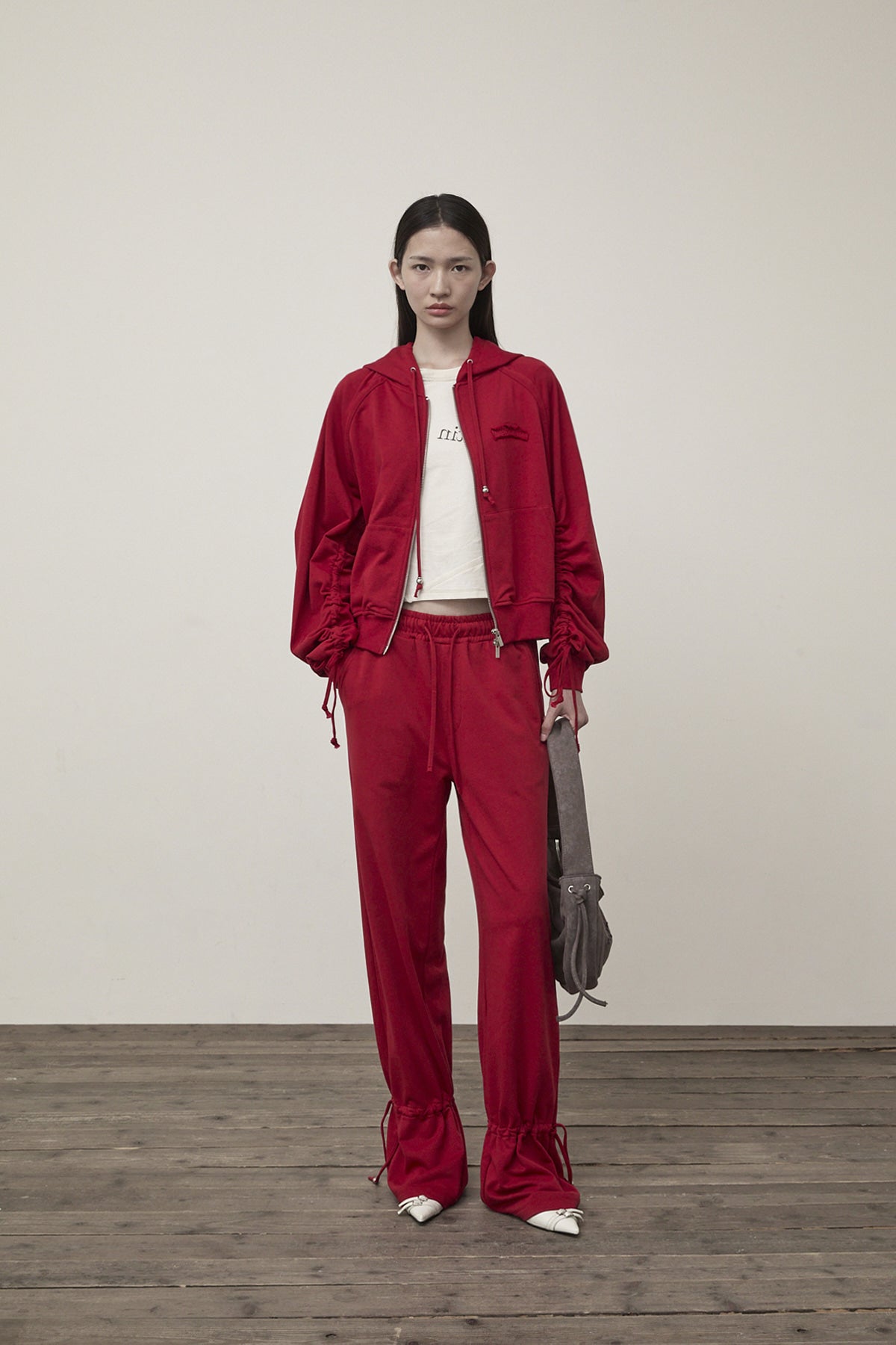 Matin Kim - Sleeve String Detail Hoody Zip Up (Red) product image 13 | TRAB K-Fashion Australia