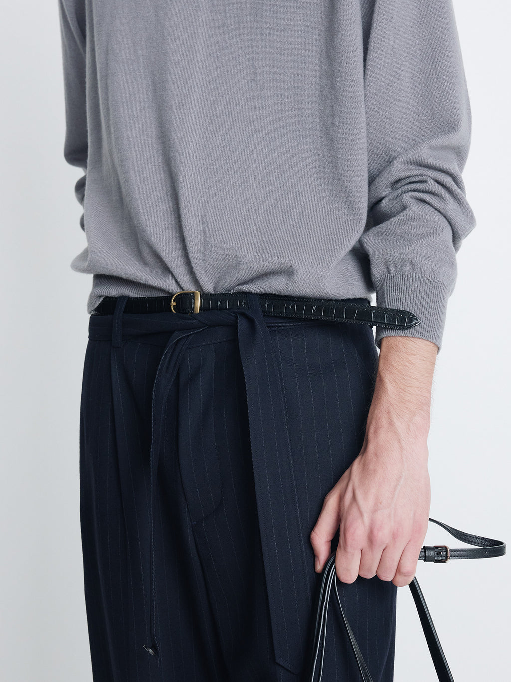 Tonywack - Pinstriped Wool Belted Trousers (Navy Pinstripe) product image 5 | TRAB K-Fashion Australia