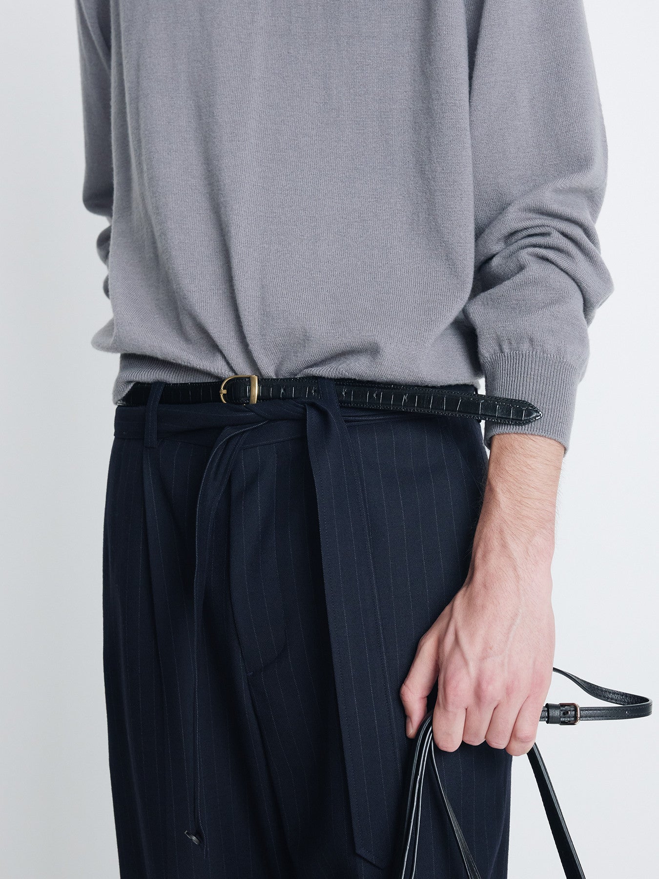 Tonywack - Pinstriped Wool Belted Trousers (Navy Pinstripe) product image 5 | TRAB K-Fashion Australia
