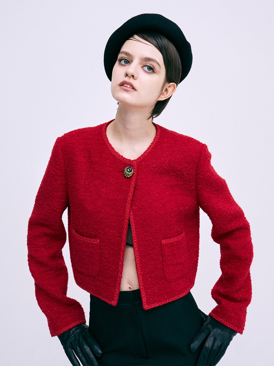 Mardi Mercredi - Tweed Cropped Jacket Round Neck (Red) product image 1 | TRAB K-Fashion Australia