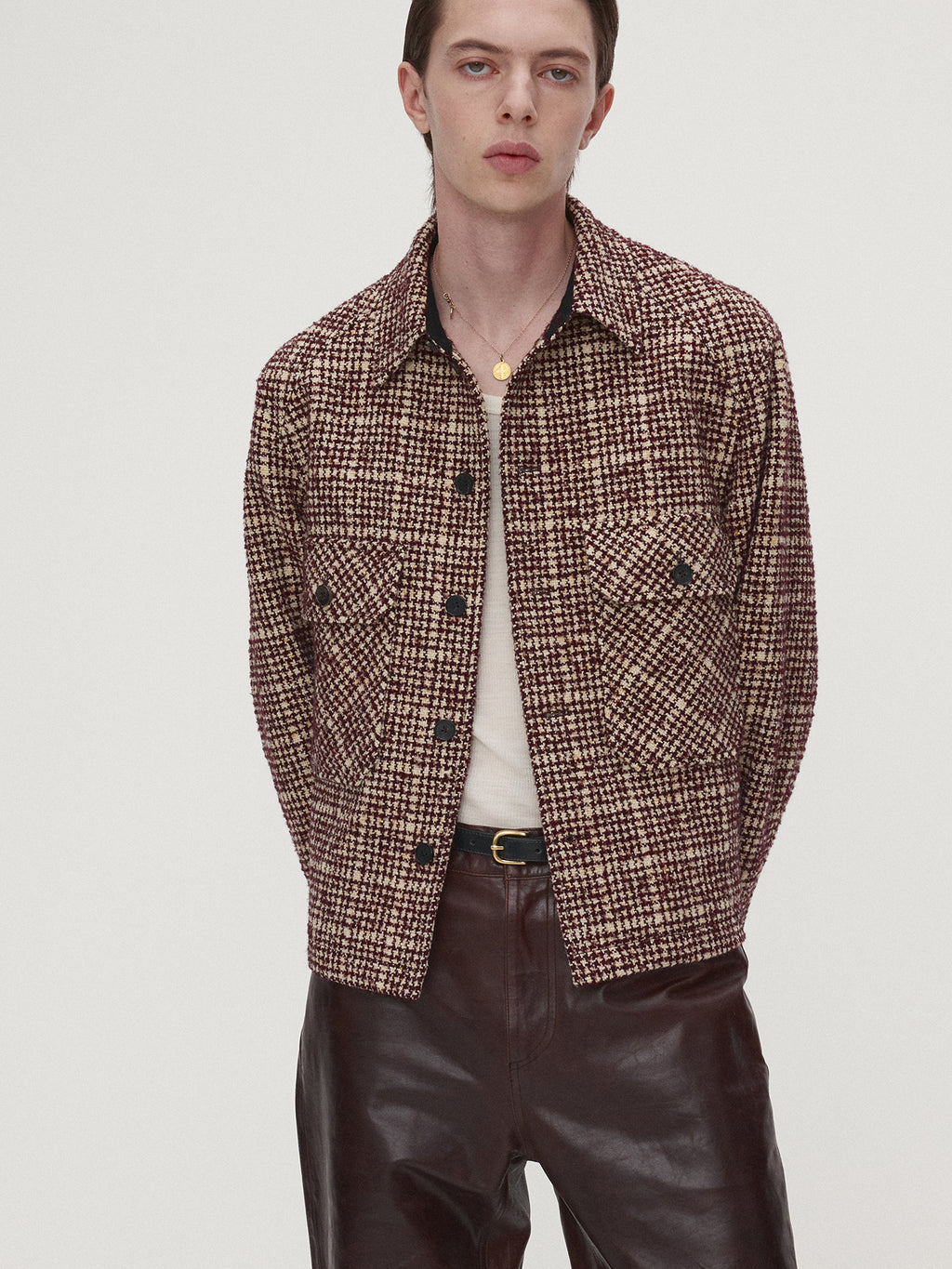 Tonywack - Checked Wool Tweed Shirt Jacket Italian Fabric (Burgundy/Ecru) product image 1 | TRAB K-Fashion Australia