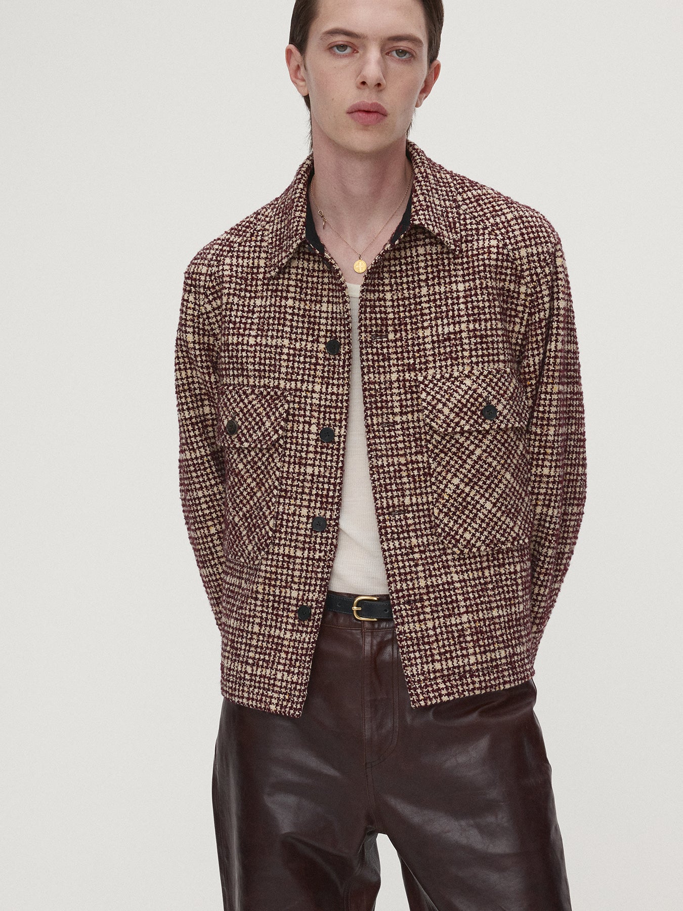 Tonywack - Checked Wool Tweed Shirt Jacket Italian Fabric (Burgundy/Ecru) product image 1 | TRAB K-Fashion Australia