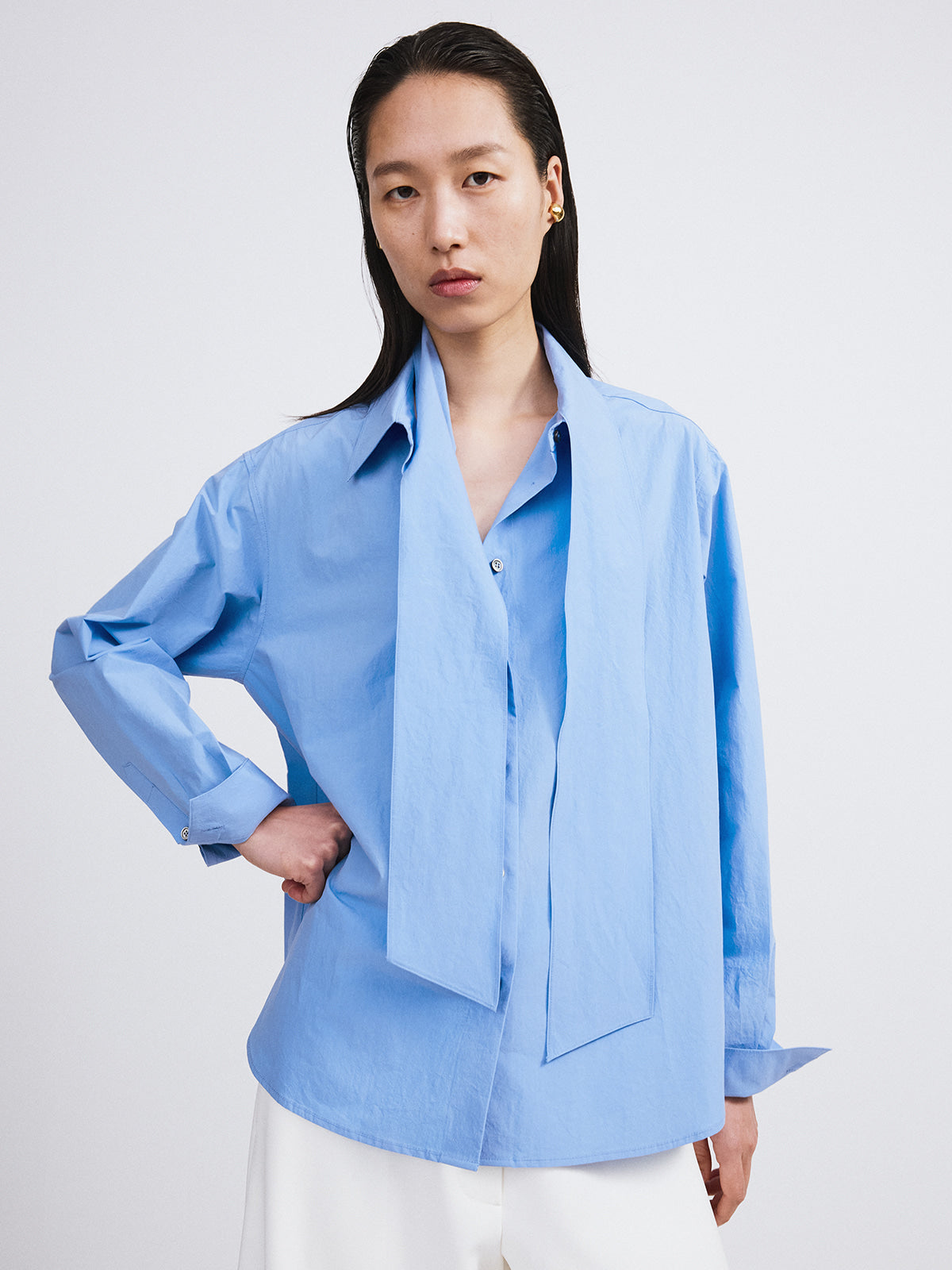 Recto - Detachable Scarf Cotton Shirt (Baby Blue) product image 2 | TRAB K-Fashion Australia