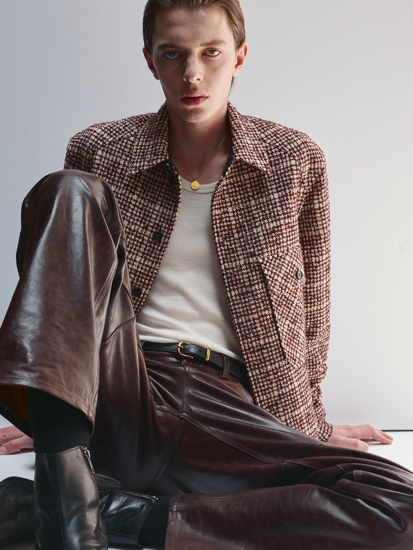Tonywack - Checked Wool Tweed Shirt Jacket Italian Fabric (Burgundy/Ecru) product image 6 | TRAB K-Fashion Australia