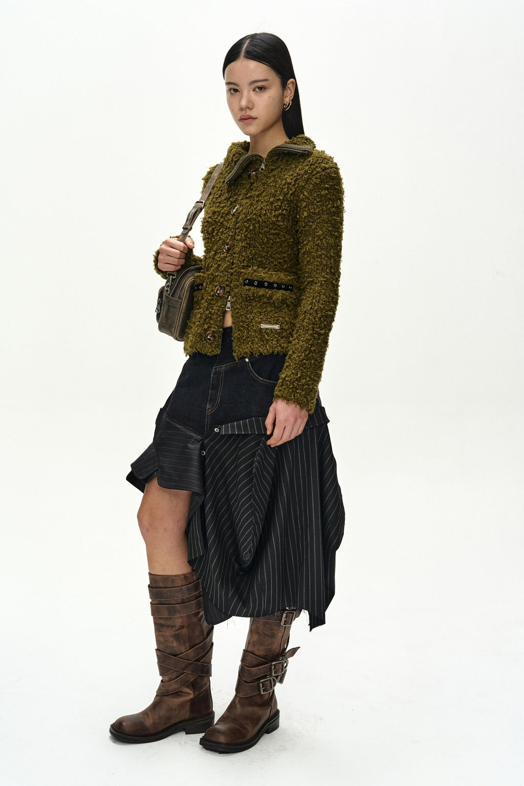Andersson Bell - Button & Trim Hairy Zip-Up Cardigan (Khaki) product image 3 | TRAB K-Fashion Australia