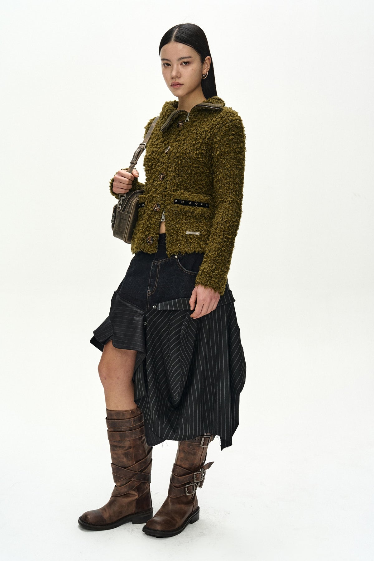 Andersson Bell - Button & Trim Hairy Zip-Up Cardigan (Khaki) product image 3 | TRAB K-Fashion Australia