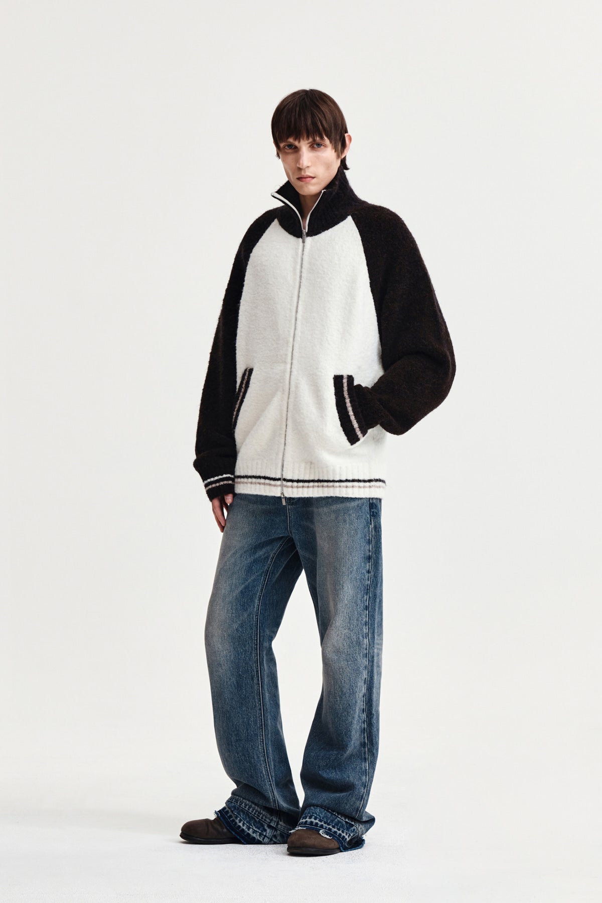 Matin Kim - High Neck Raglan Knit Zip Up (Dark Brown) product image 9 | TRAB K-Fashion Australia