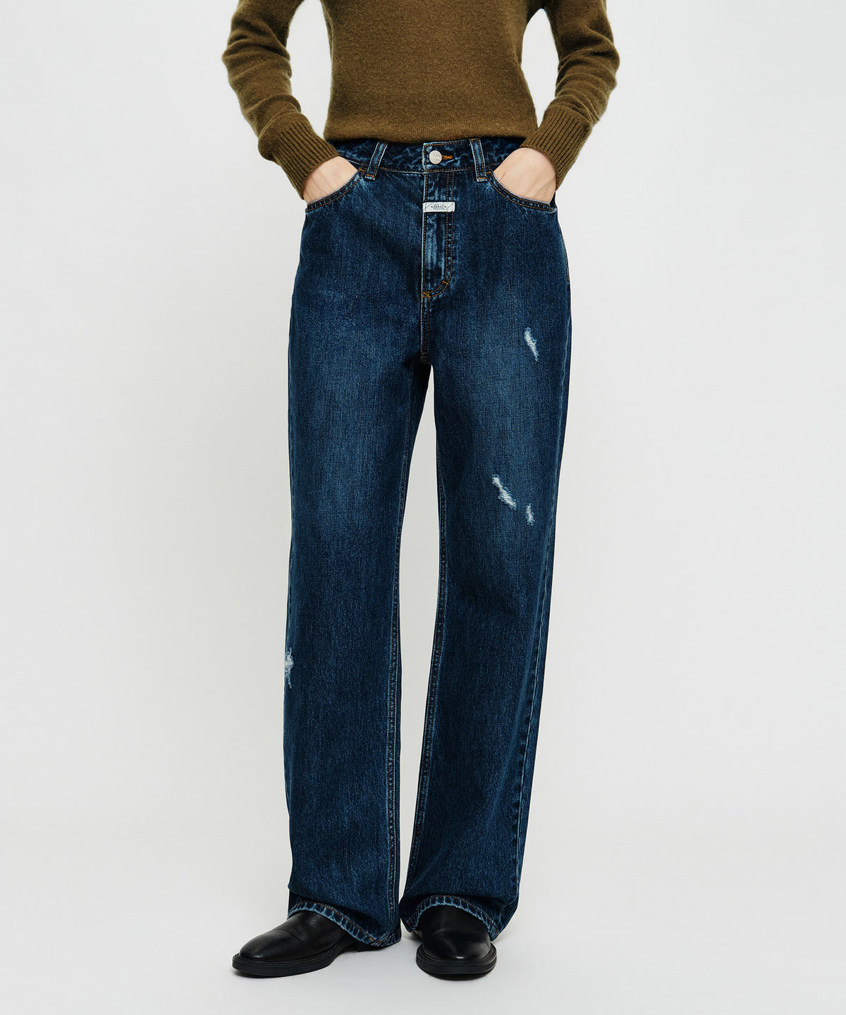 Marithe & Francois Girbaud - [Pre-order – Ships 19 Oct] Straight Damaged Slub Melange Denim Pants (Dark Blue) product image 1 | TRAB K-Fashion Australia