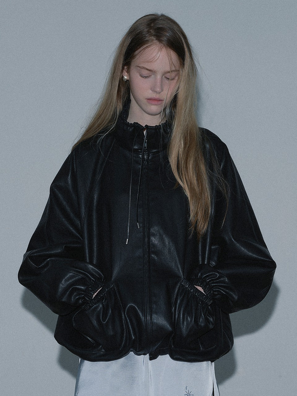 Margarin Fingers - Fake Leather Shirring Zip-Up (Black) product image 1 | TRAB K-Fashion Australia
