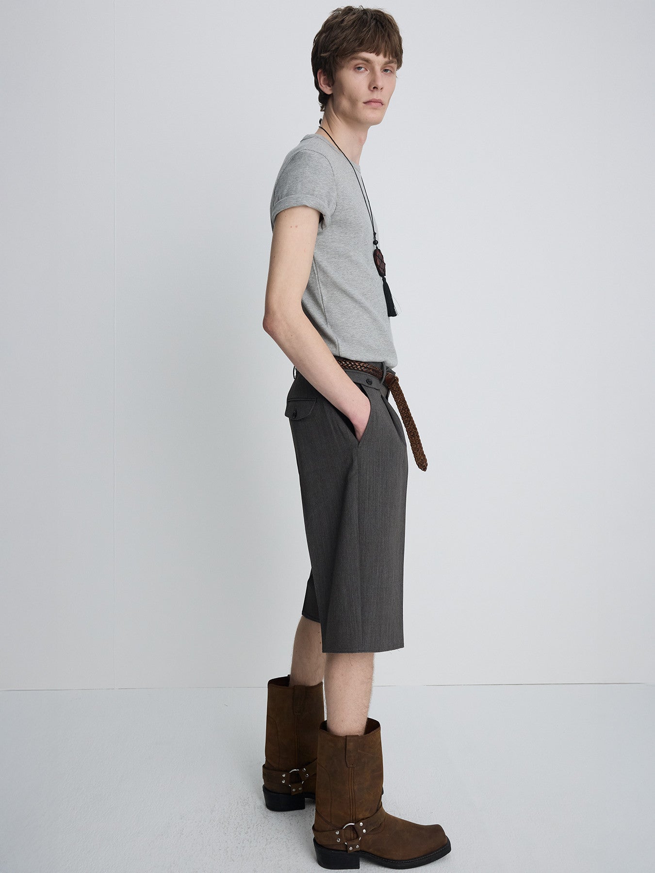 Tonywack - Raw-Cut Wool Pleated Tailored Shorts (Melange Grey) product image 1 | TRAB K-Fashion Australia