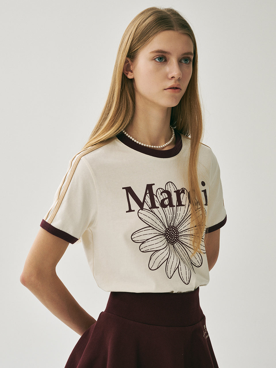 Mardi Mercredi - Slim Ringer Tshirt Flowermardi (Cream Burgundy) product image 1 | TRAB K-Fashion Australia