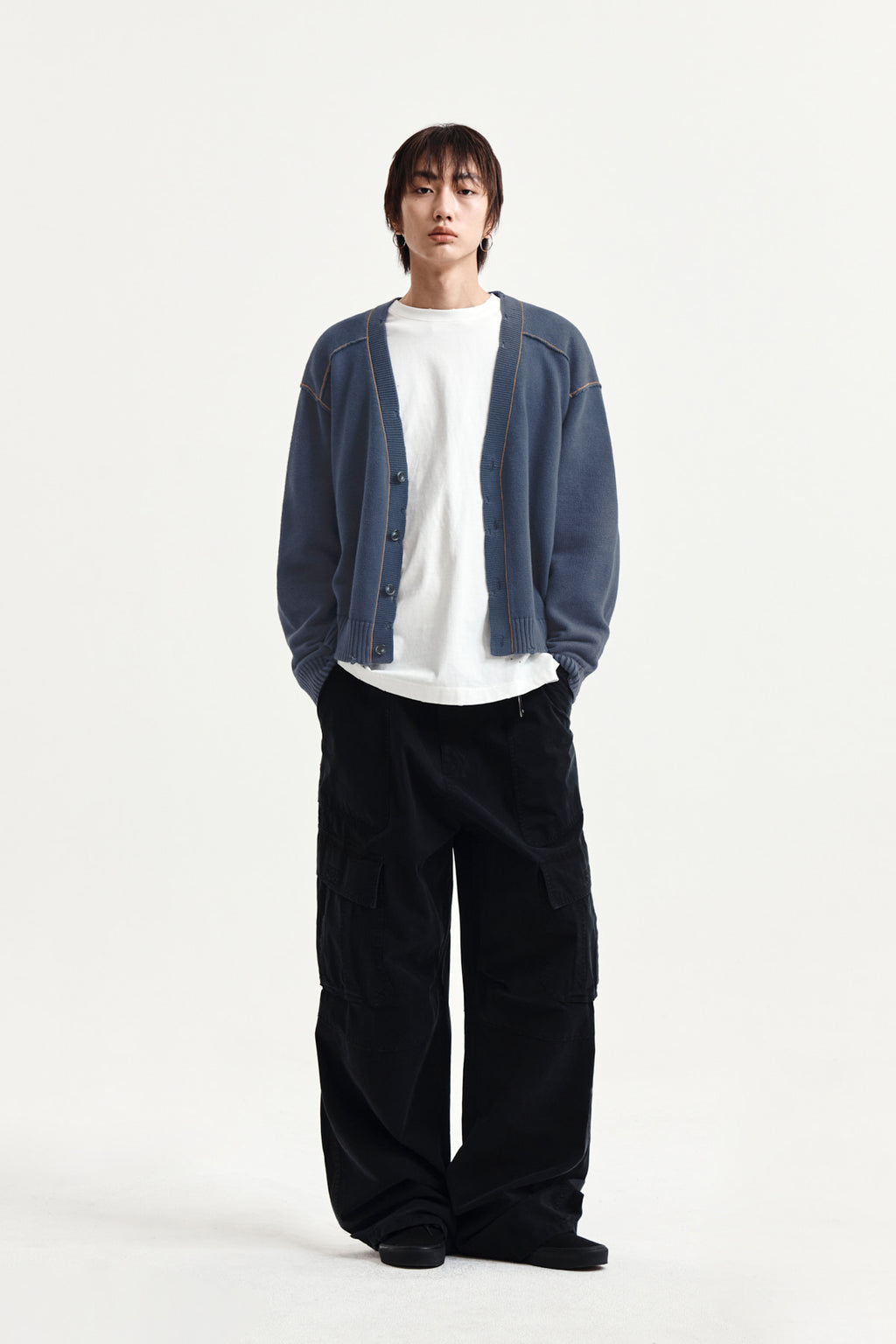 Matin Kim - Back Logo Line Point Knit Cardigan (Smoke Blue) product image 15 | TRAB K-Fashion Australia