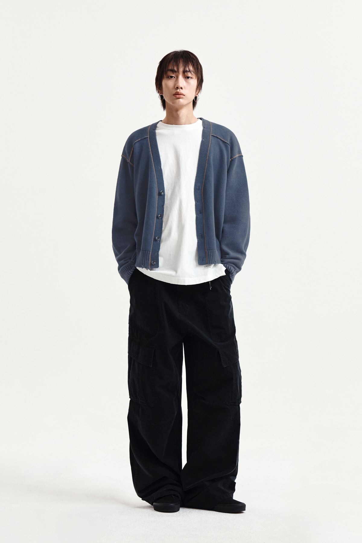 Matin Kim - Back Logo Line Point Knit Cardigan (Smoke Blue) product image 15 | TRAB K-Fashion Australia