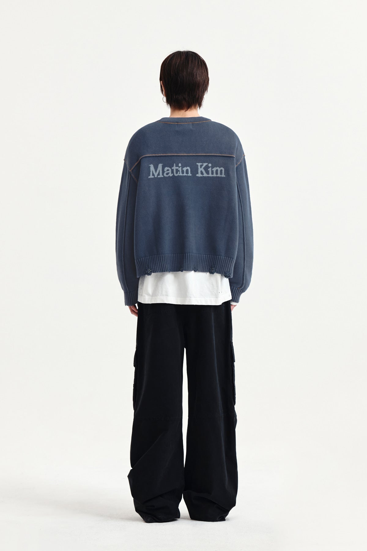Matin Kim - Back Logo Line Point Knit Cardigan (Smoke Blue) product image 13 | TRAB K-Fashion Australia