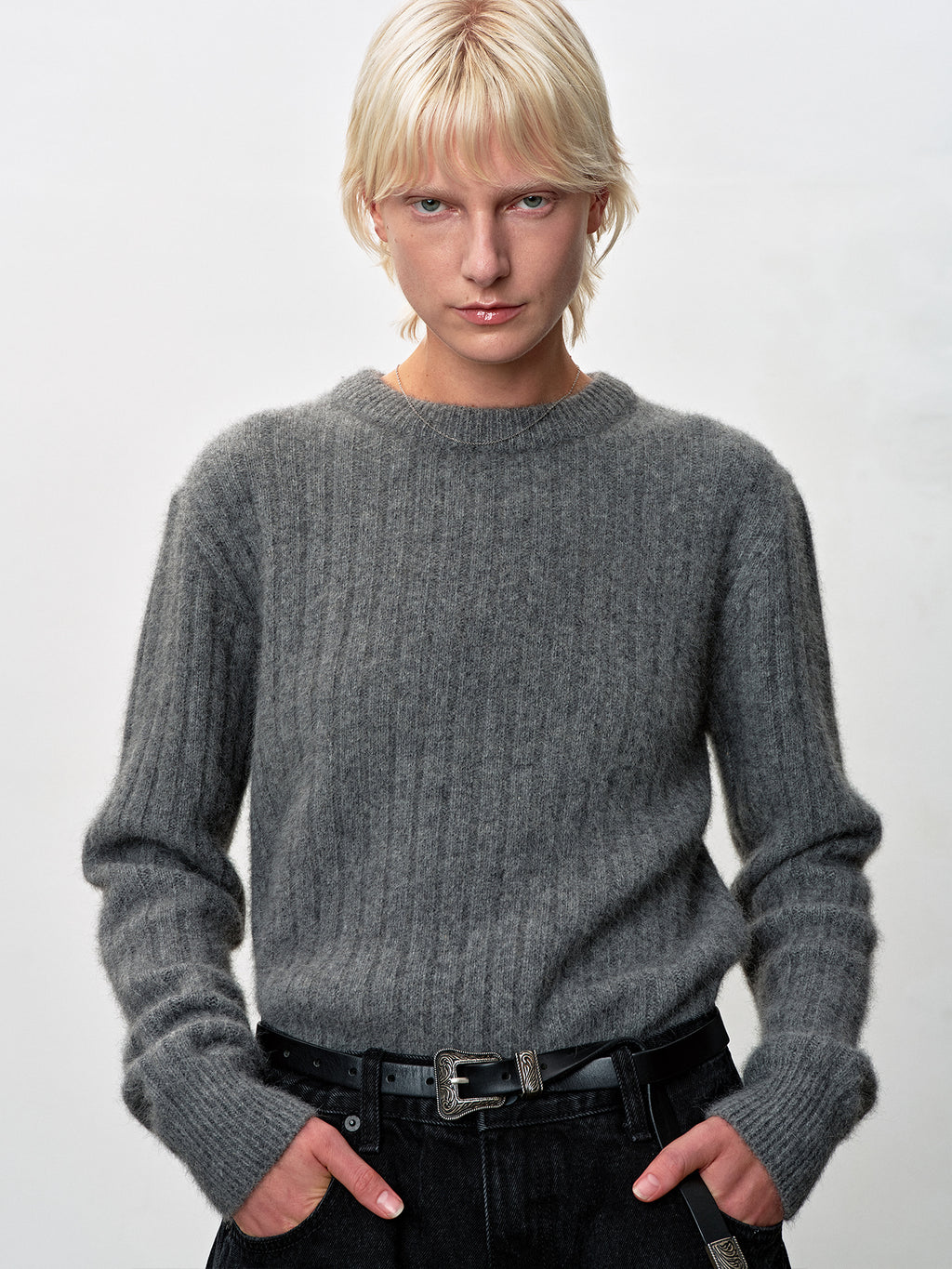 Tonywack - Superfine Merino Wool Tube Scarf Attaced Ribbed Sweater (Melange Grey) product image 6 | TRAB K-Fashion Australia