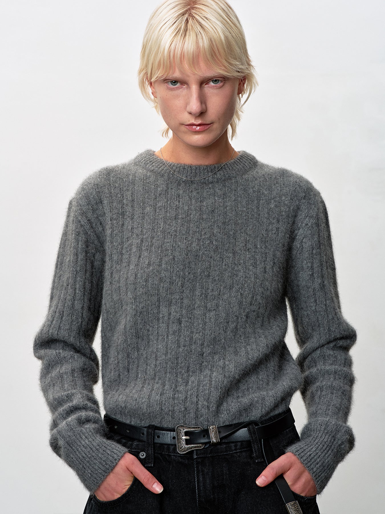 Tonywack - Superfine Merino Wool Tube Scarf Attaced Ribbed Sweater (Melange Grey) product image 6 | TRAB K-Fashion Australia