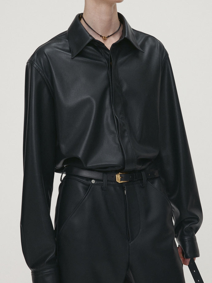 Tonywack - Faux Leather Hidden Button Shirt (Italian Fabric) (Black) product image 5 | TRAB K-Fashion Australia