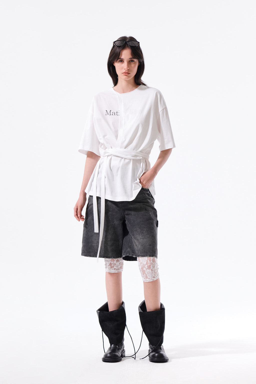 Matin Kim - Tie Detail Draped Logo Top (White) product image 9 | TRAB K-Fashion Australia