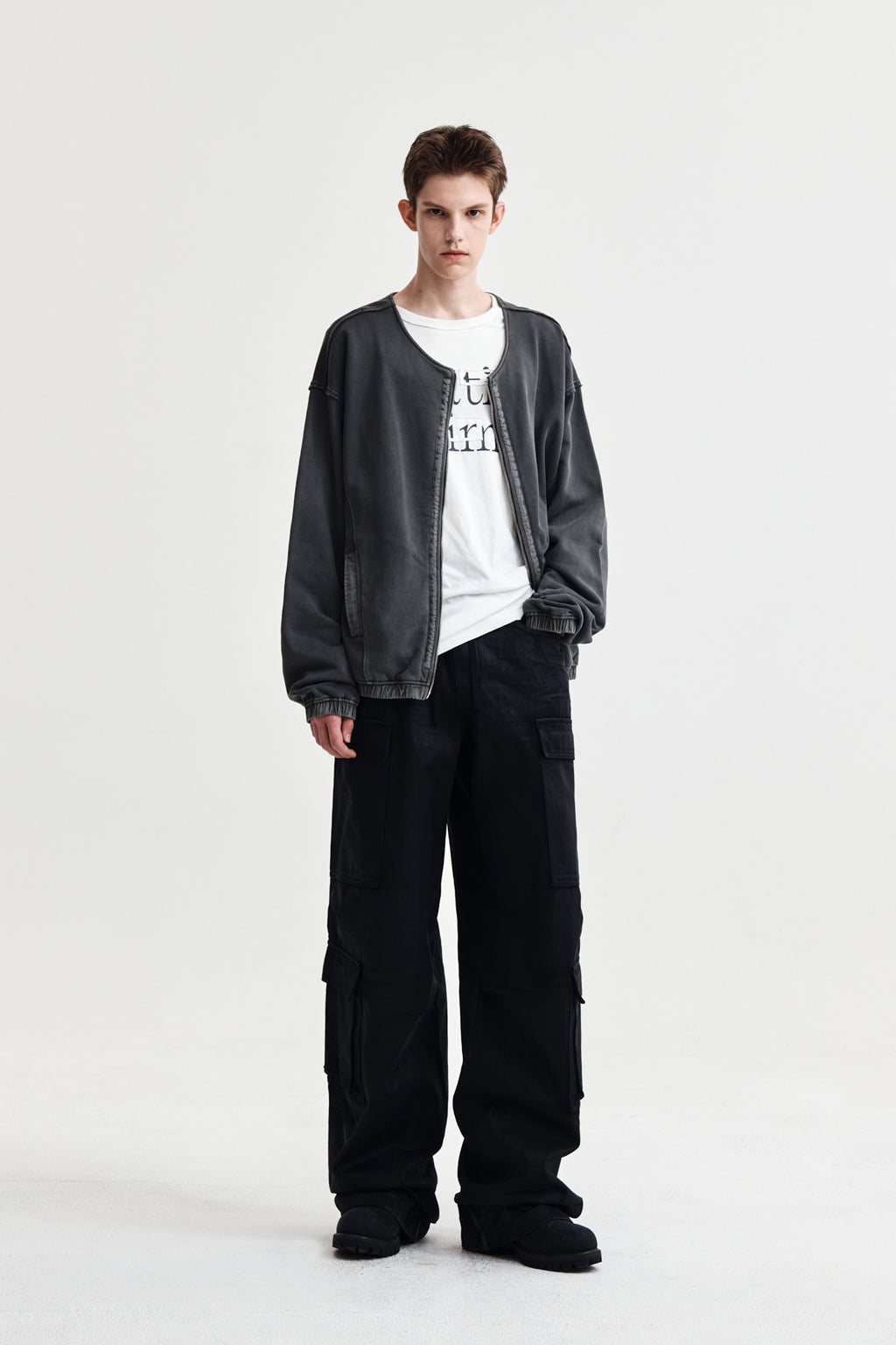 Matin Kim - Pigment Dyed Collarless Zip Up Jumper (Charcoal) product image 8 | TRAB K-Fashion Australia