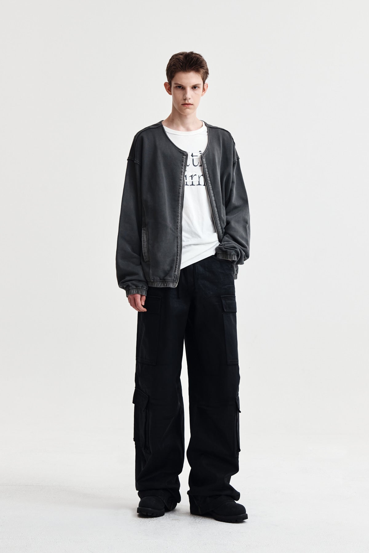 Matin Kim - Pigment Dyed Collarless Zip Up Jumper (Charcoal) product image 8 | TRAB K-Fashion Australia