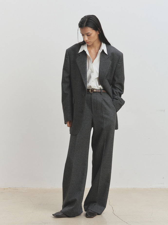 Tonywack - Herringbone Wool Wide-Leg Pleated Trousers (Mid-Grey Herringbone) product image 2 | TRAB K-Fashion Australia