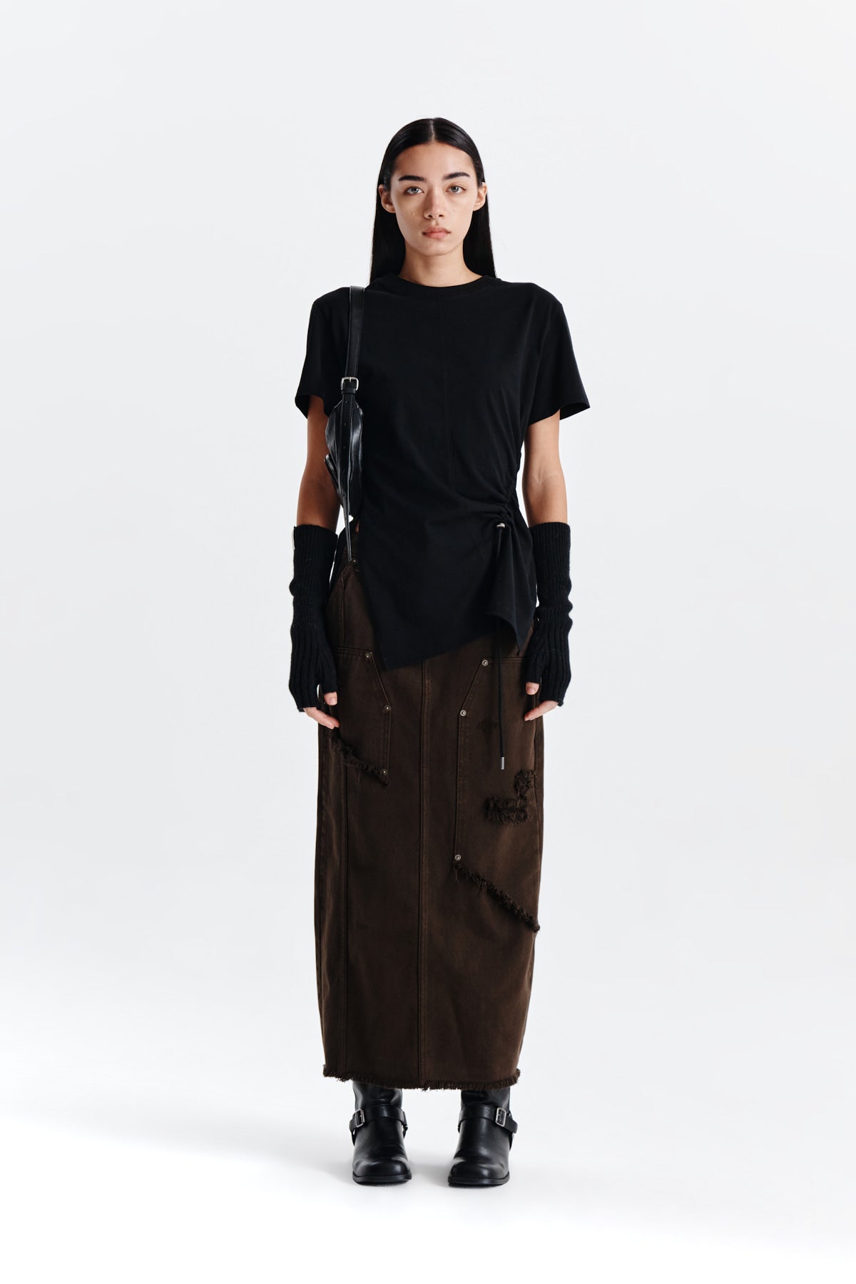 Matin Kim - Unbalance Damage Denim Skirt (Khaki) product image 5 | TRAB K-Fashion Australia